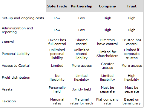 Business Structure Table